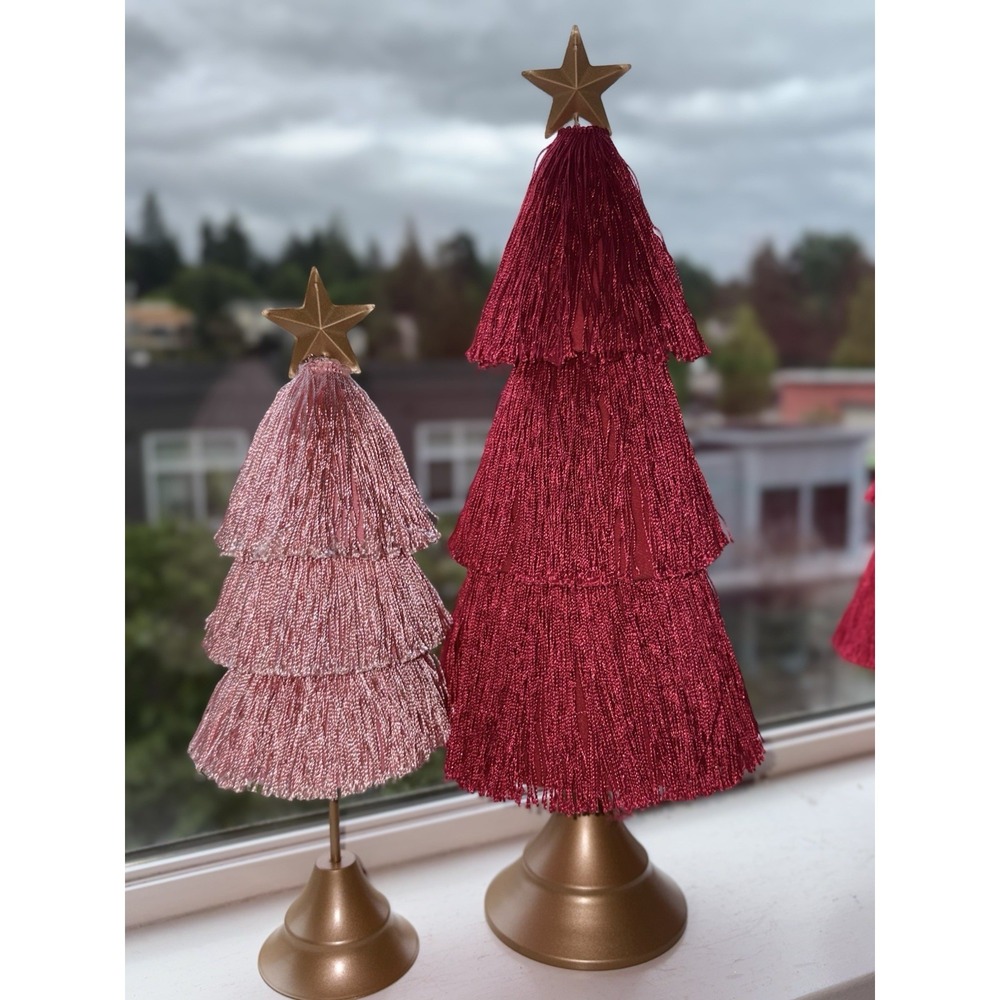 Pink Christmas Trees Set of 2 Tassel Fringe Gold Base Tabletop Holiday Decor